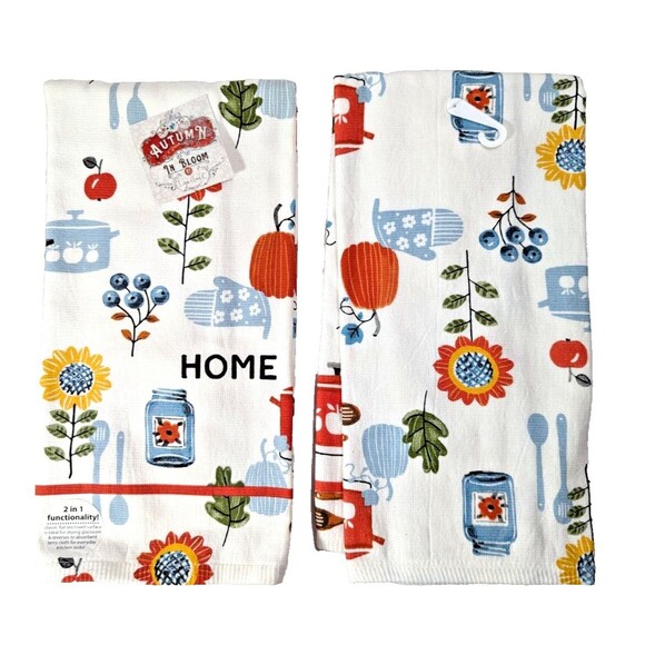 Lisa Audit Autumn In Bloom Kitchen Towels 2pc Sunflowers Jars Pots Fruit Gift - Picture 1 of 5